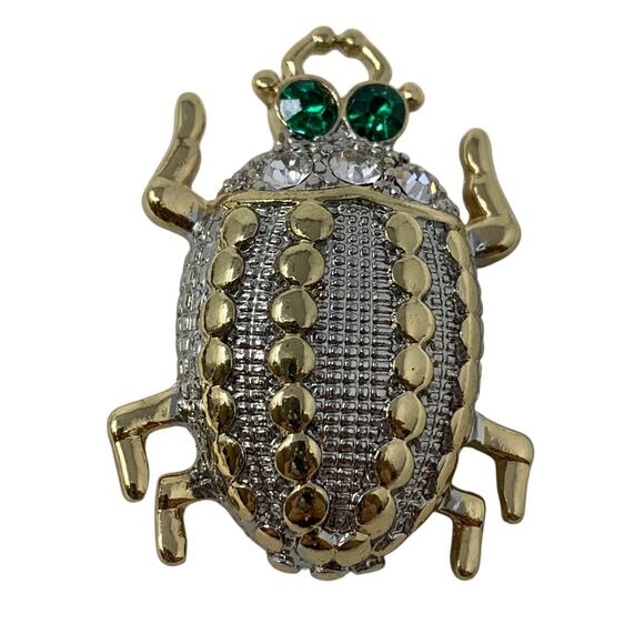 Two Tone Silver Gold Beetle Insect Brooch Pin Clear Rhinestones Green Eyes - Picture 2 of 4